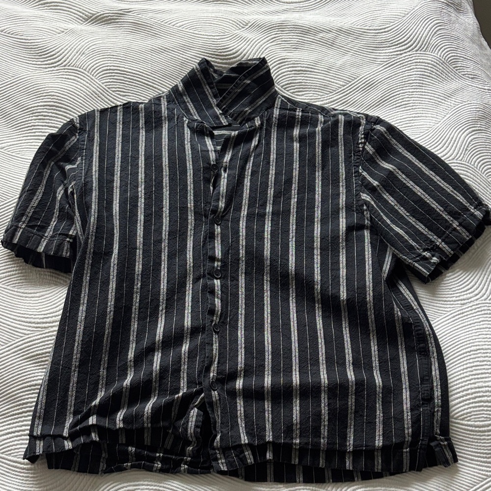 Black Striped Short-Sleeve Button-Up Shirt
